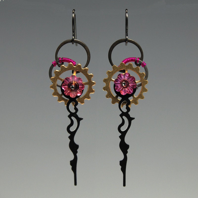 Eileithyia II: Bold hot pink wire wrapped steampunk earrings