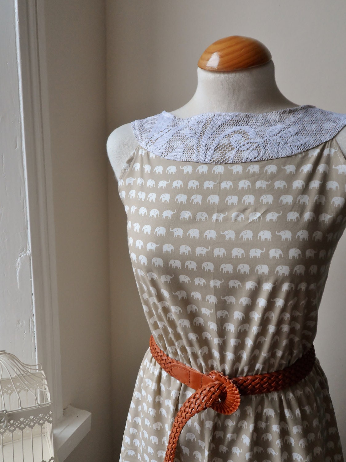 Beautiful Beige Neutral Elephant Lace Detail Dress / 50s Inspired Dress / Handmade / Vhoose Your Size