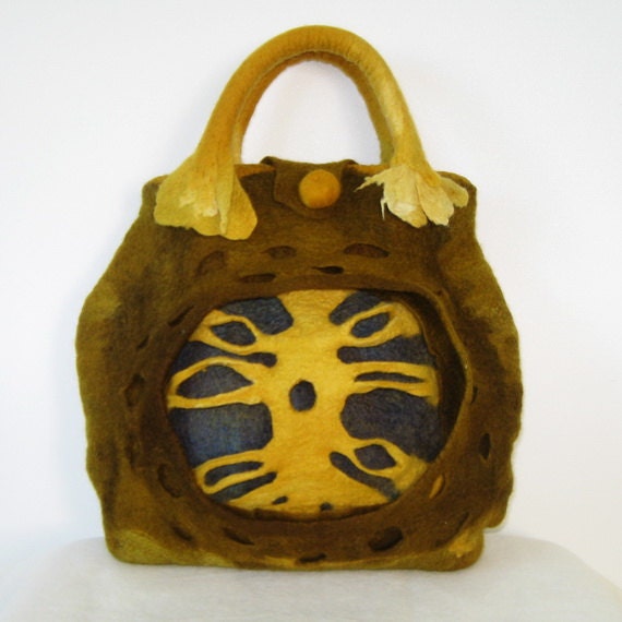 Felted Bag Purse Handbag Felt Wool Handmade Art 3D Yellow Brown Violet