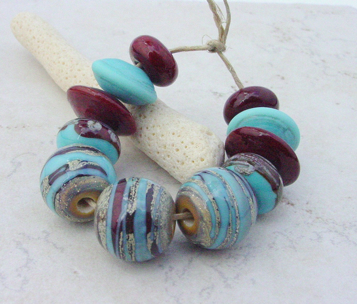 Lampwork Beads - Organic Red & Turquoise Handmade Glass Beads