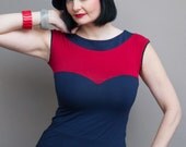 Red Navy Tank Top, Designer Jersey Knit Top, Sweetheart Neckline, Boat Neck, Designer Fashion, Cap Sleeve, Fitted Body, Color Block