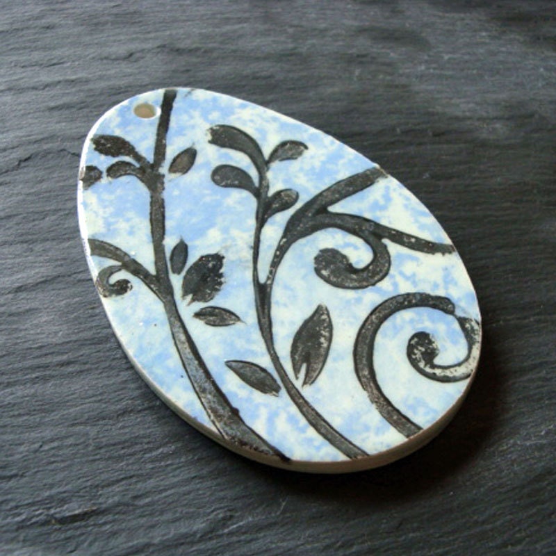 Ceramic Pendant Blue and White with Graphic