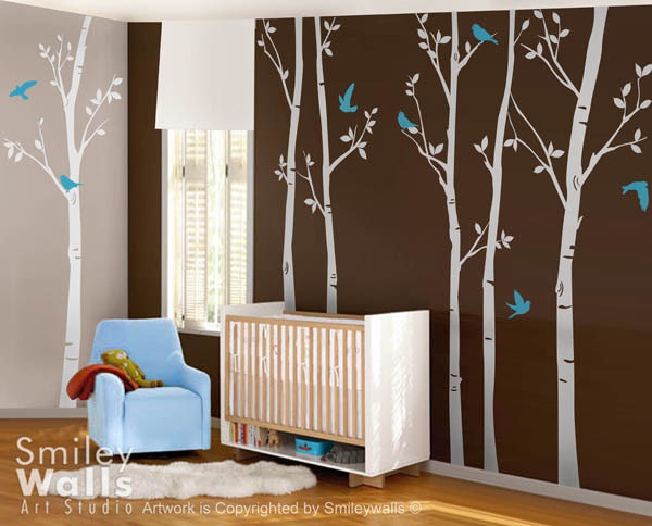 Forest Trees with Birds 100 inches - Set of 6 Vinyl Wall Decal Sticker  - Kids Nursery Decor Vinyl Wall Decal