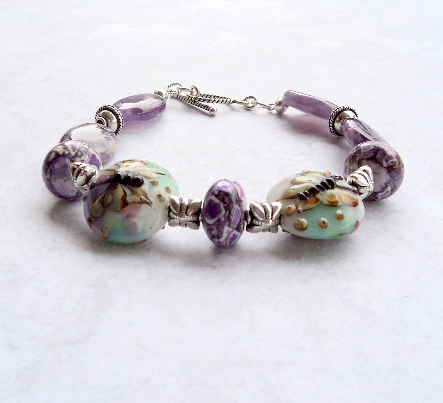 Bracelet Lampwork Butterflies Amethyst Sterling Silver Purple