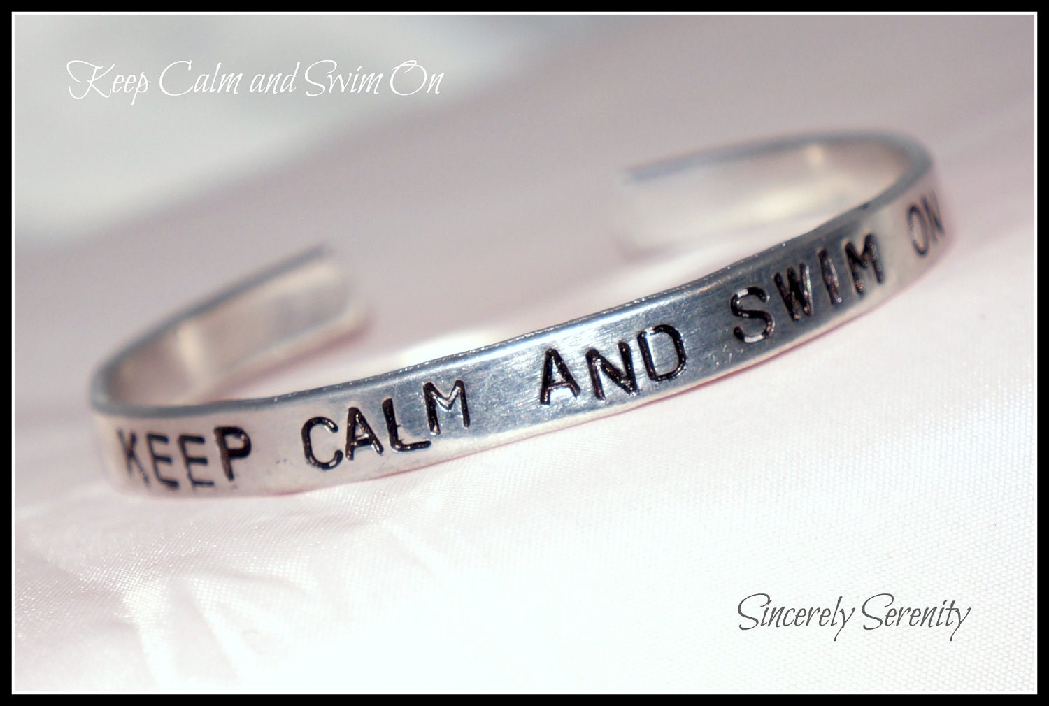 Keep Calm and Swim On Stamped Silver Metal Cuff Bracelet