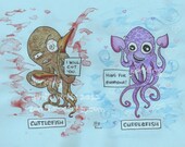 Red Fish Blue Fish Cuttlefish cartoon cephalopod original Dorkling comic Illustration lowbrow humor Art