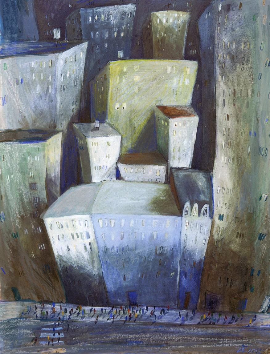 New York City by Night - Cityscape, Manhattan, Skyscrapers,Original Mix Media, Painting, Illustration,