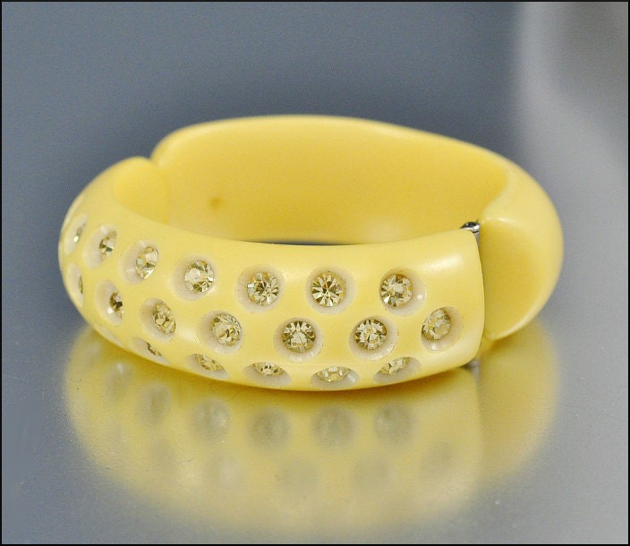 Vintage Rhinestone Bracelet  Clamper Bangle Lucite Wide Chunky 1950s Jewelry