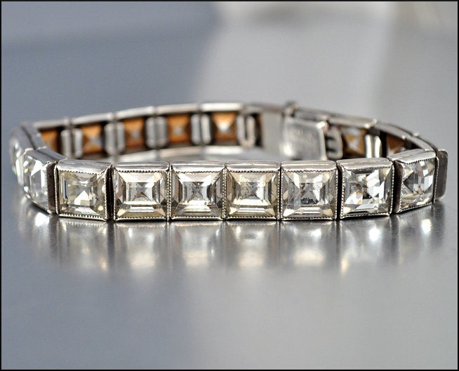 Art Deco Bracelet Sterling Silver Crystal Rhinestone Diamante 1920s Vintage Wedding Jewelry