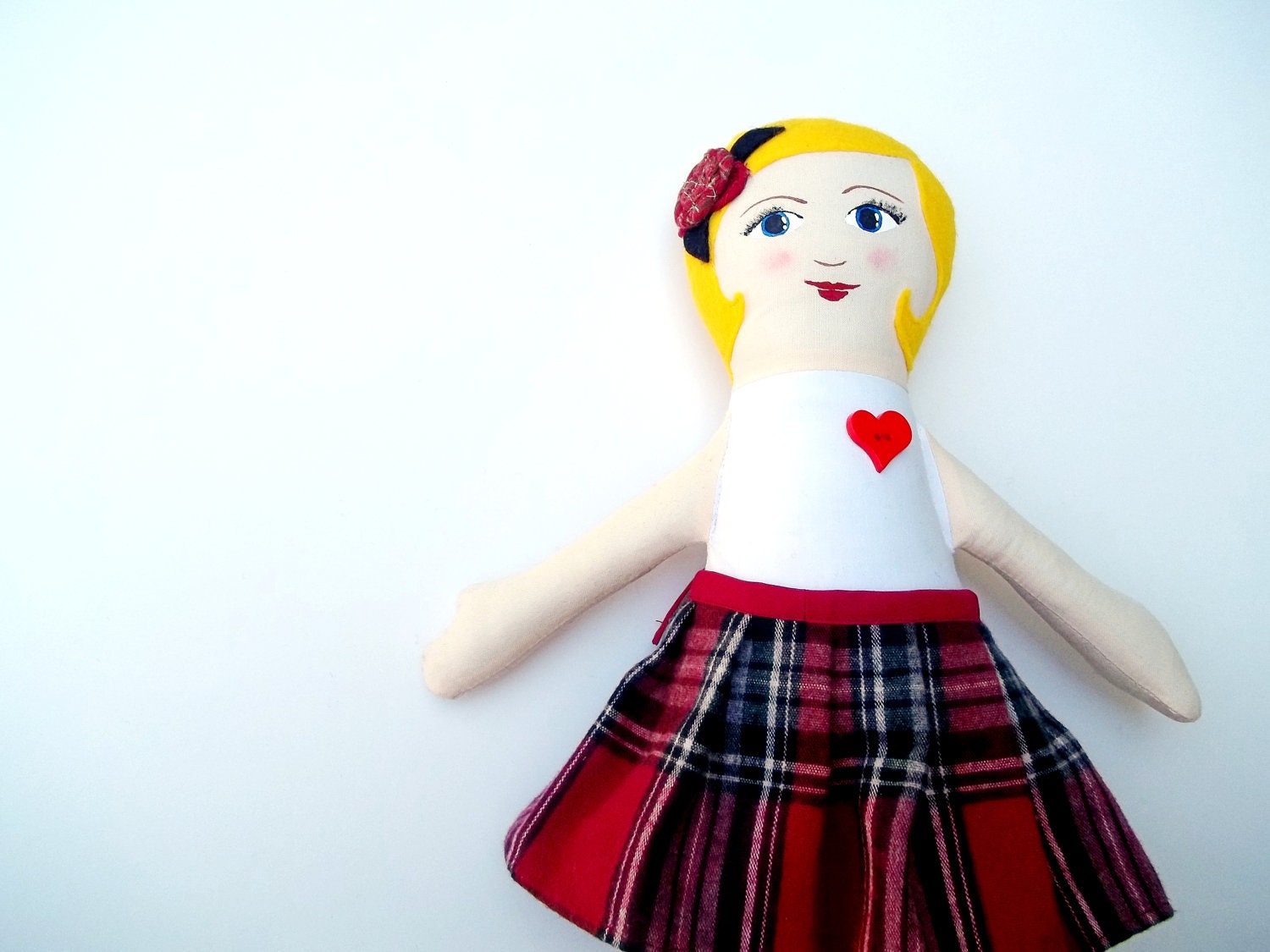 Cloth Doll Handpainted Face, Blond with Kilt