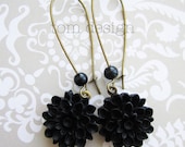 Zoey Mum Earrings - Long Black Chrysanthemum Dangles, Bride, Wedding, Bridesmaid