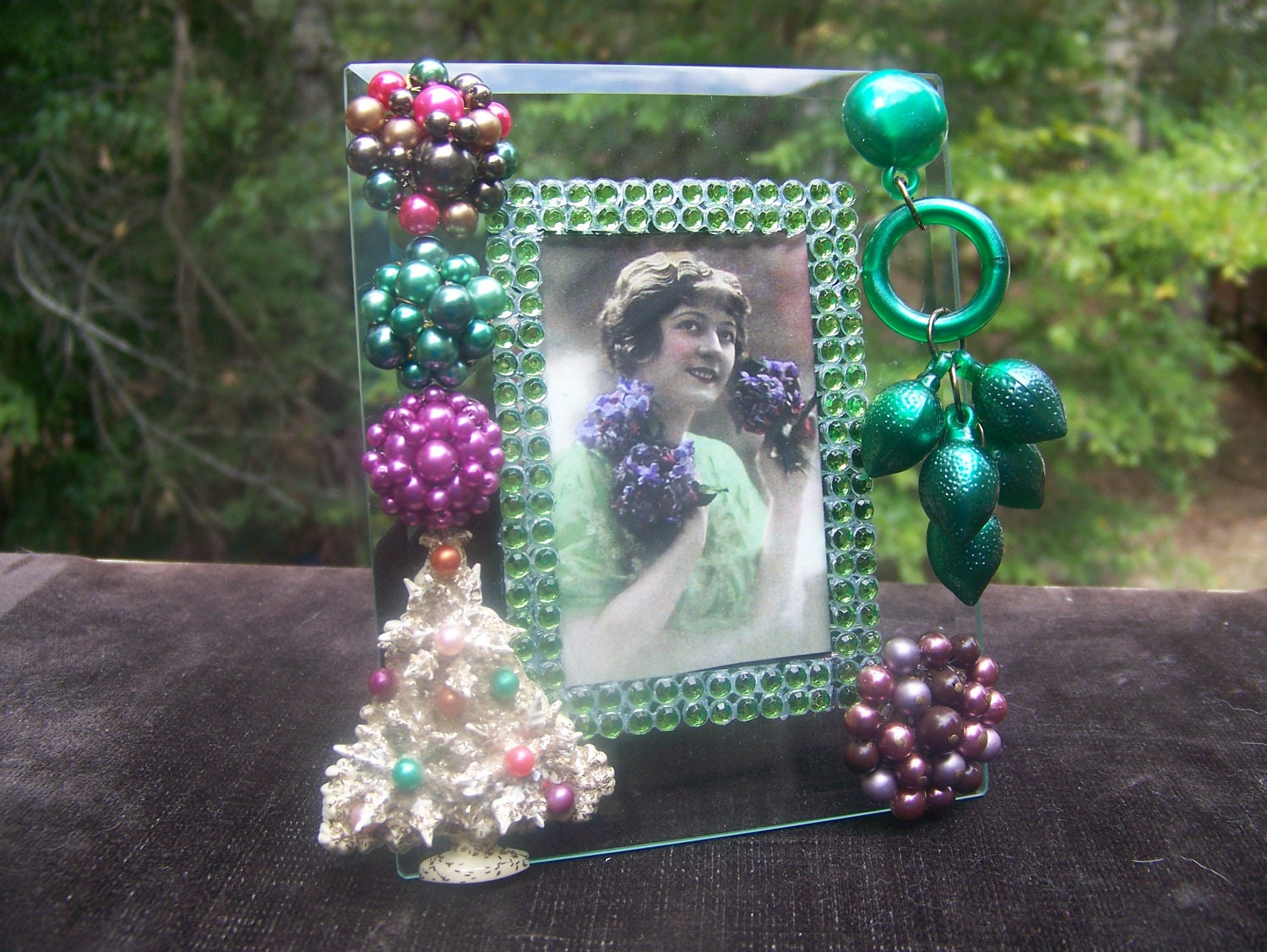Christmas Tree Holiday Jeweled Glass Picture Frame