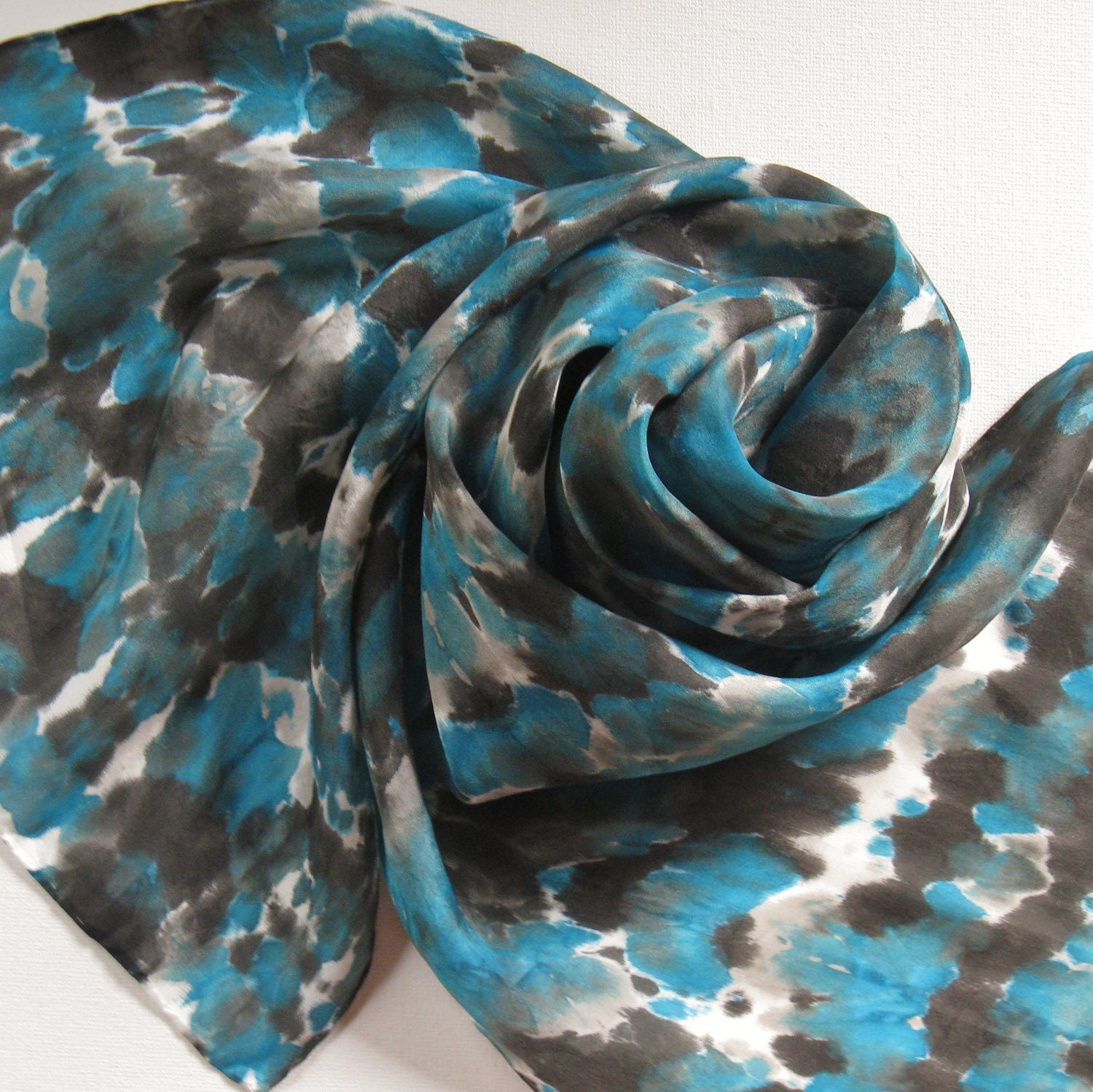 Silk Scarf - Urban - Hand Painted Ladies Scarves Black White Gray Grey Teal Turquoise Blue Tie Dyed