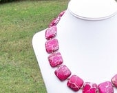 Stefania - GORGEOUS Chunky 25mm Rose Red Sea Sediment Veins Imperial Jasper Puffed Square Gemstone Beaded Necklace