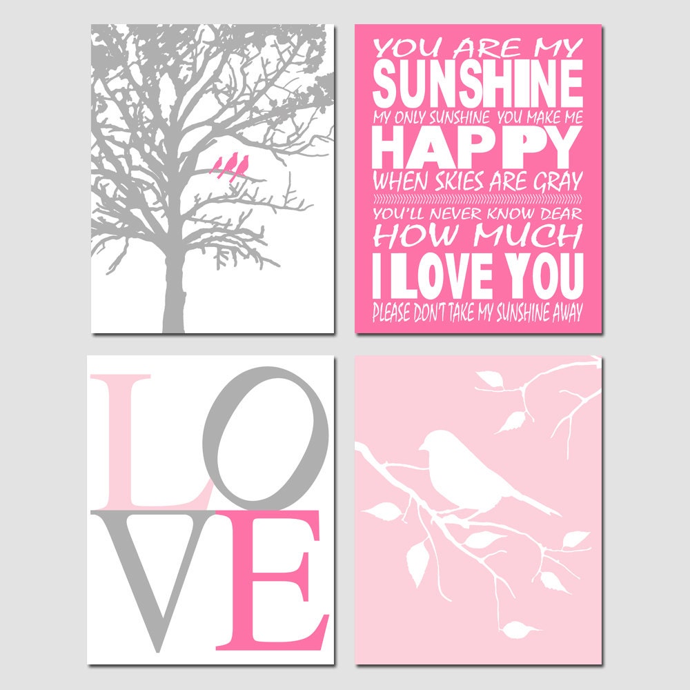 Nursery Quad - Set of Four 8x10 Prints - You Are My Sunshine, LOVE, Birds in a Tree, Bird on a Branch - Choose Your Colors