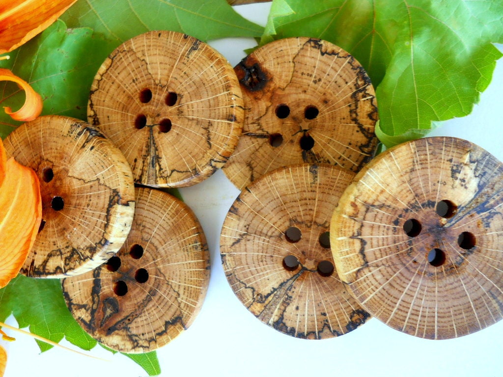 6 Handmade Wooden Buttons - Spalted Oak Wood Buttons - 2 Inches 5.1 cm For Sweaters, Cowls, Scarves, Handbags, Mug Cozies
