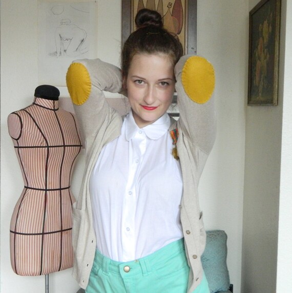 DIY Cardigan with Elbow Patches & Vintage Military Metal