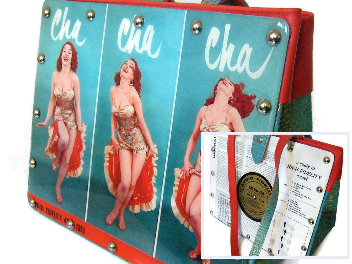 Leather Handbag featuring vintage 1950s Cha Cha Cha Latin Dance Record