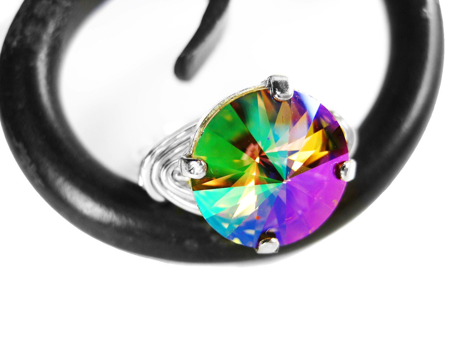 Rainbow Crystal Ring. Colorful Rivoli Sterling Silver Ring. Pink Green Blue Purple Gold Wire Wrapped Ring
