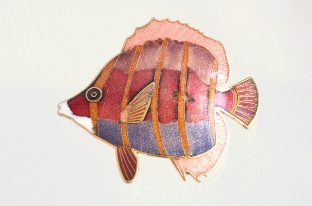 Vintage Colorful Enamel Fish Figural Brooch Coral Pink Purple Pin Sea Tropical Ocean