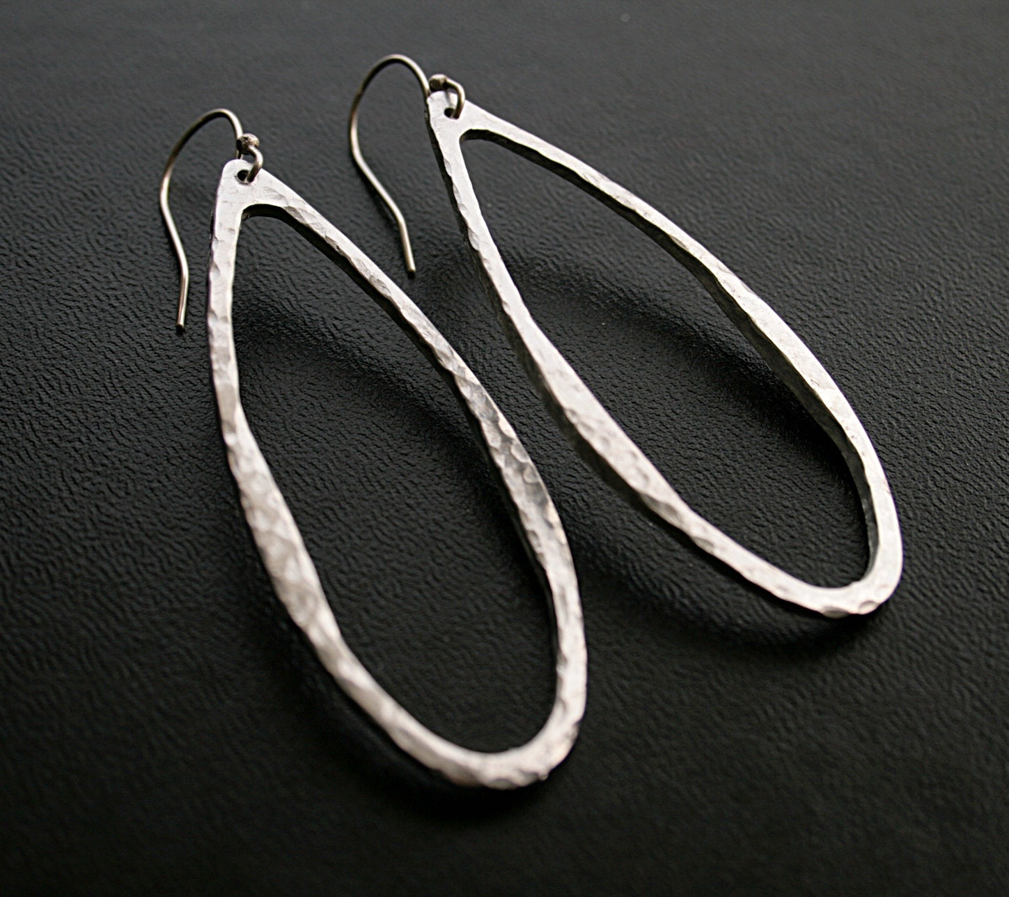 Hammered hoop earrings, long aluminum teardrop earrings