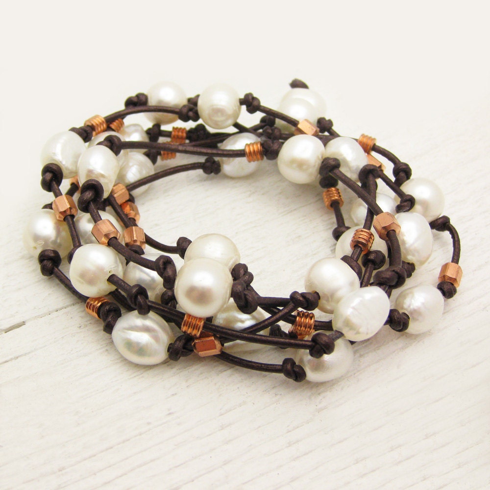 Pearl Copper Leather Wrap Bracelet Necklace / metallic maroon ivory cream white convertible eco friendly / ocean nautical sea fall inspired