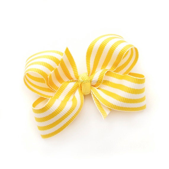 Yellow and White Striped Hair Bow, 3 inch Boutique Bow, Pantone Lemon Zest, Bright Sunshine Yellow Preppy Baby Toddler Girl Hairbow