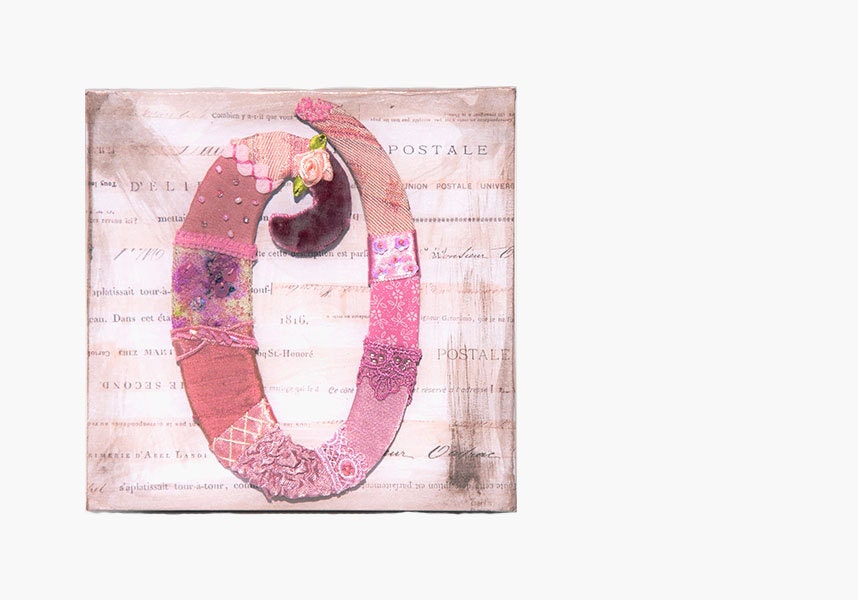 Summer Sale -20% Personalized Monogram O - Textile Artwork Wall Letter - Fabric Crazy Quilting