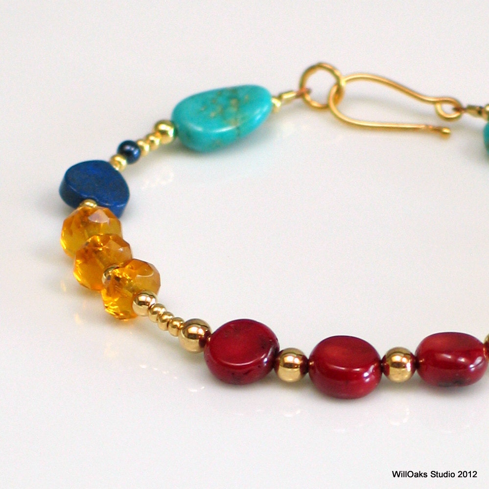 Primary Colors and Turquoise Beaded Bracelet with Gold, Ruby Red Coral and Turquoise Bracelet, READY TO SHIP,  Bright Jewelry
