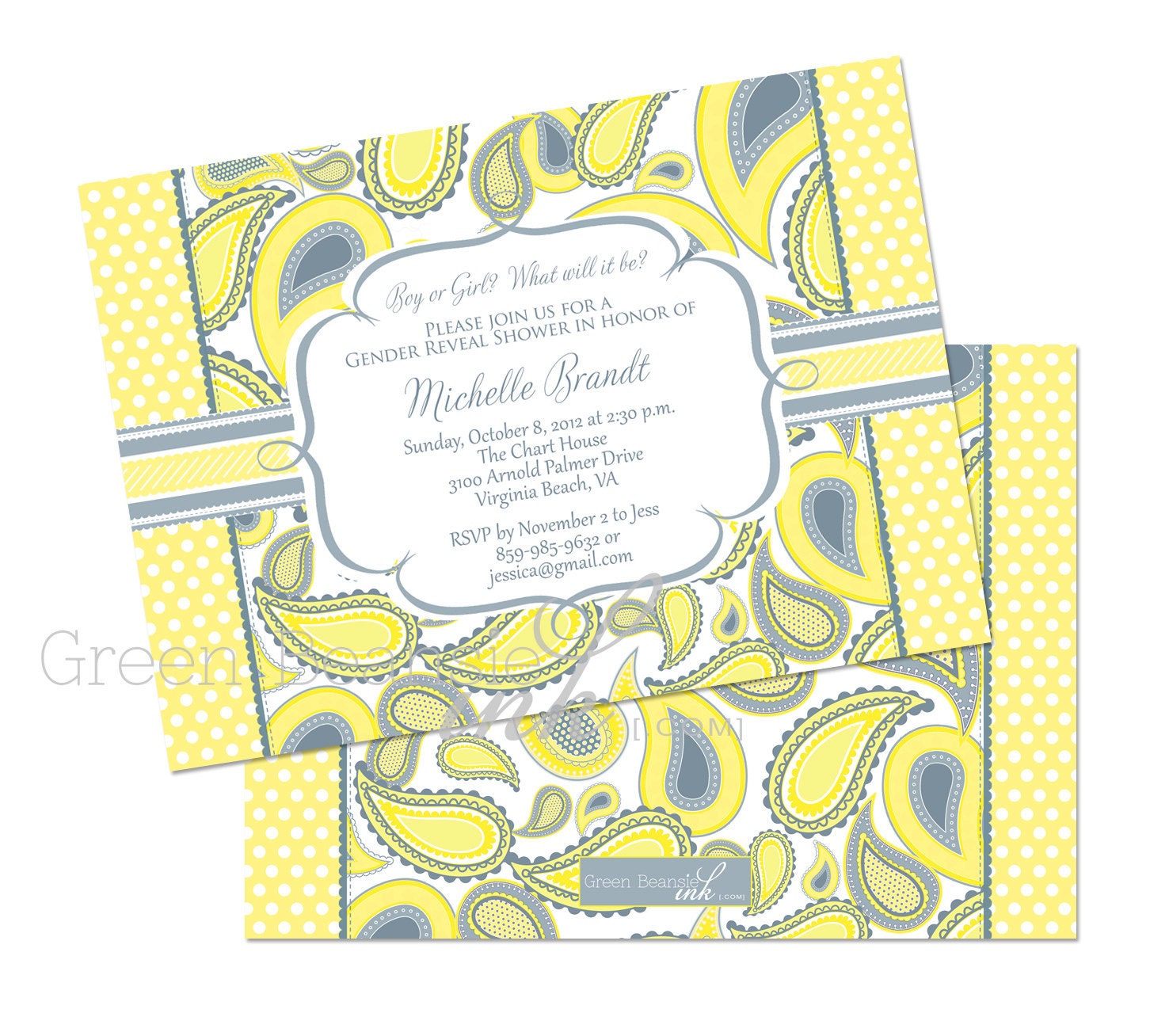 YELLOW & GRAY PAISLEY Printable Party Invitation Printing Available Il_570xn