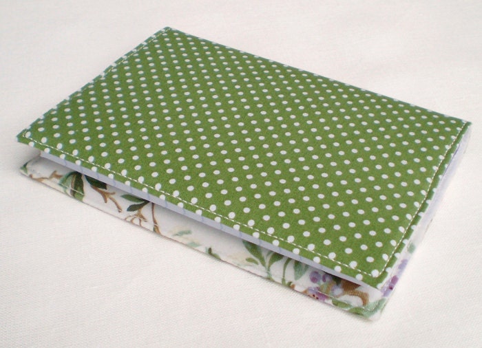 Fabric Journal Cover - Dotty Roses - Handmade A6 Notebook, Diary - Pink and Purple Flowers With Lace and Green Polka Dots