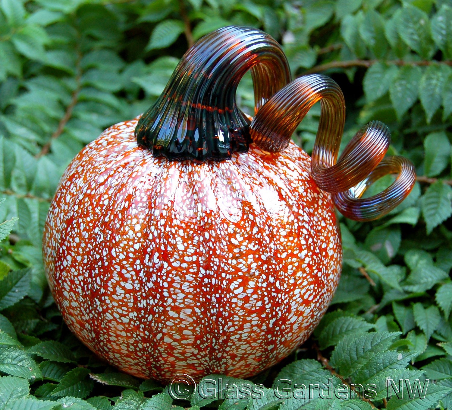 Small Halloween glass Pumpkin - Opaque Orange with Gold brown stem - glass garden art - GlassGardensNW