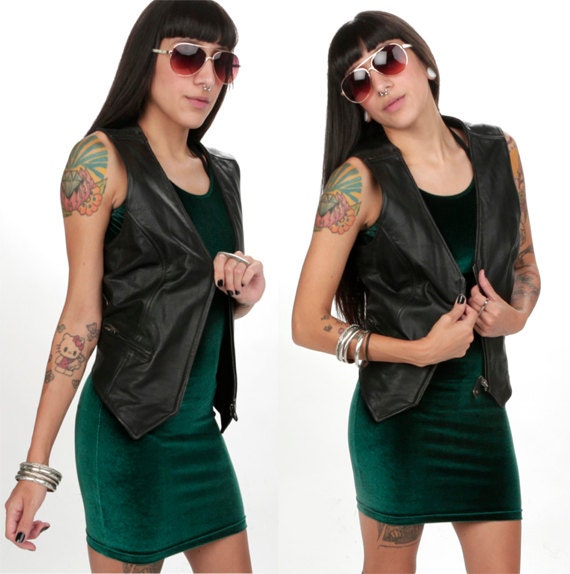 80's Leather Vest XL Black Biker Babe Leather Vest