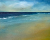 Beach landscape in blues "Moody Sea I" 5x7 oil on 1.5 inch deep canvas, no frame needed