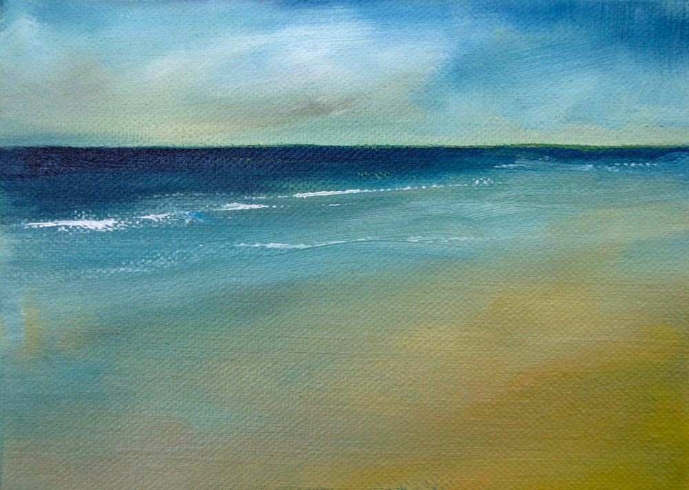 Beach landscape in blues "Moody Sea I" 5x7 oil on 1.5 inch deep canvas, no frame needed