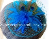 Peacock Fascinator Hat - PARK AVENUE - Bridesmaid Peacock Feather Birdcage Veil Cocktail Hat