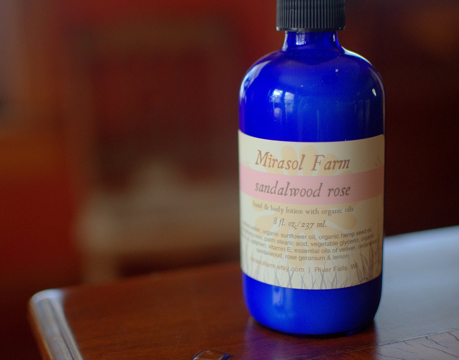 Sandalwood Rose - lotion made with organic oils in cobalt glass bottle (8 ounces)