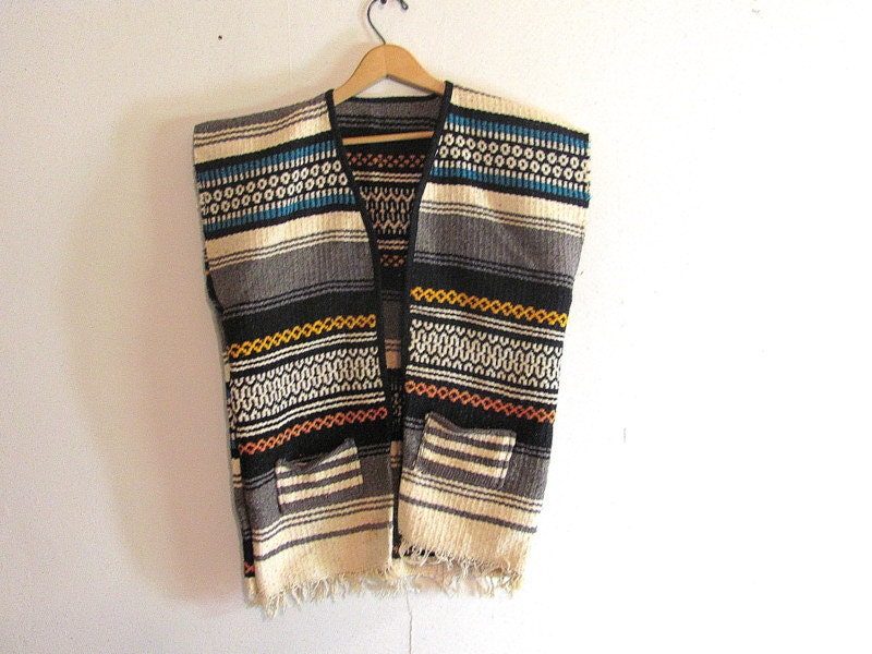1970's Bohemian Loomed saddle blanket Vest with 2 Front Pockets and Fringe