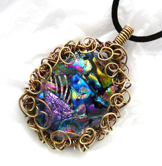 Dichroic Glass Wire Wrapped Pendant & Necklace