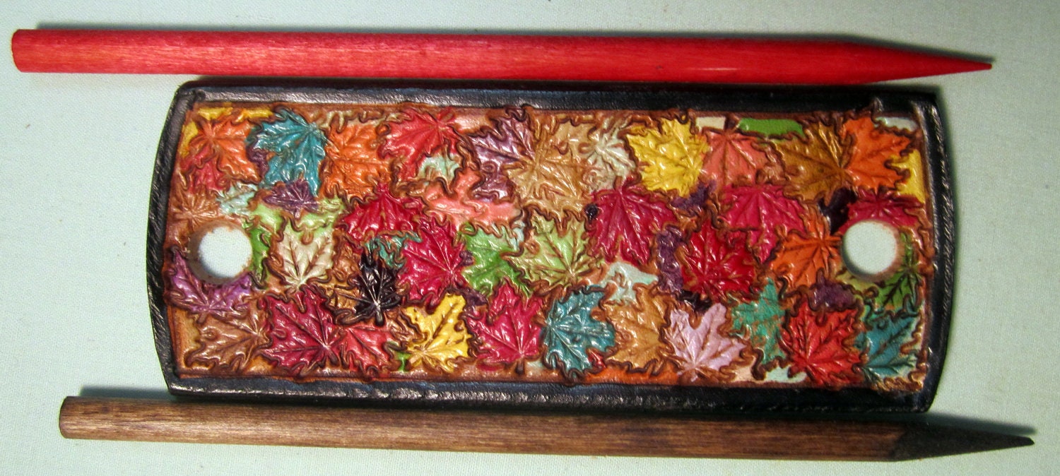 Brown Border Leather Hair Barrette with Leaves and Two Sticks