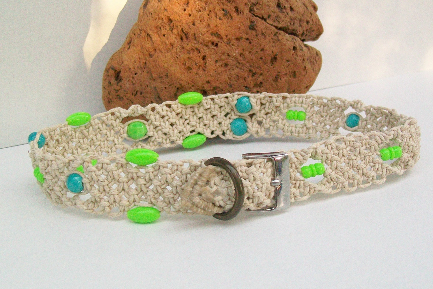 Hemp Dog Collar with Lime Green and Turquoise Beads