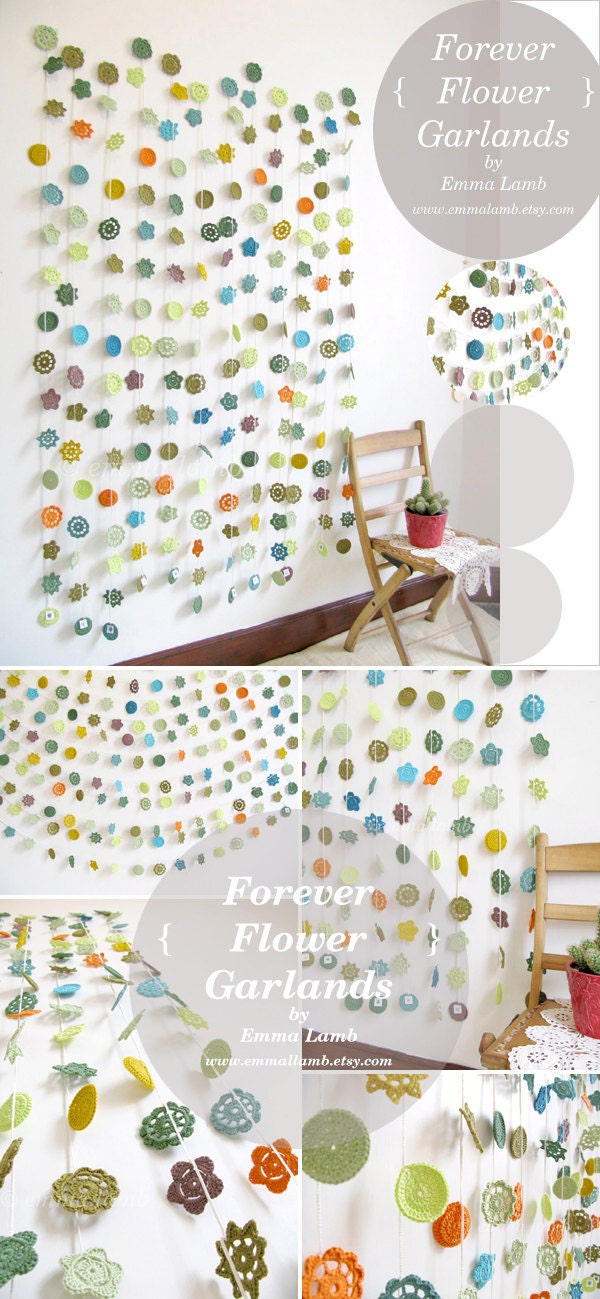 Wedding garland, floral bridal shower bunting, crochet flower garland - PICK YOUR PALETTE - customised item, by Emma Lamb