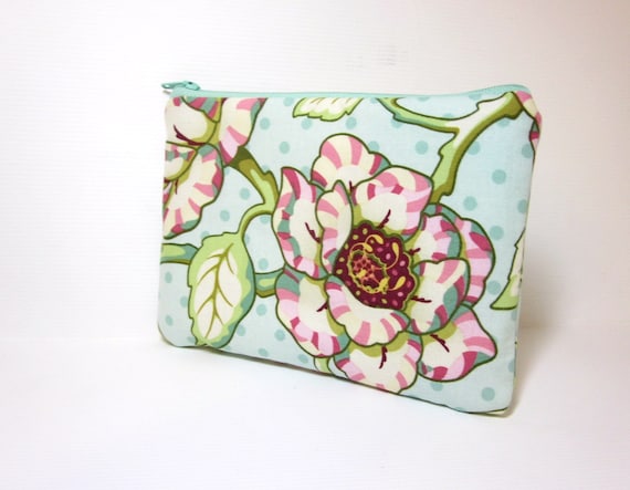 Small Cotton Zipper Pouch Mint Floral Print