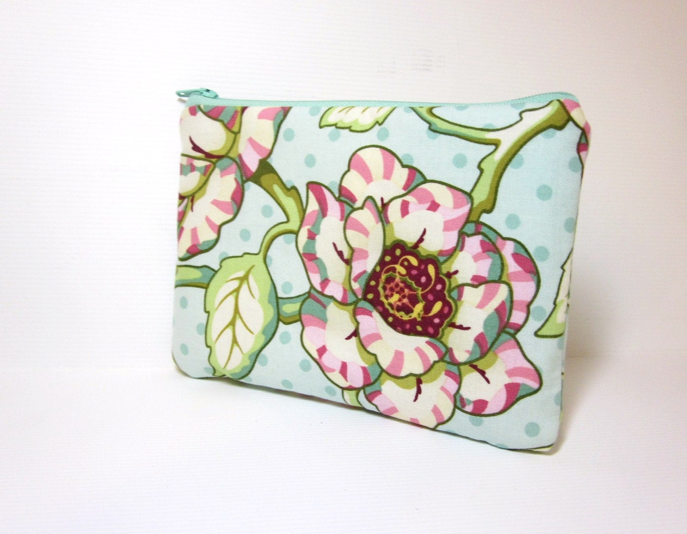 Small Cotton Zipper Pouch Mint Floral Print