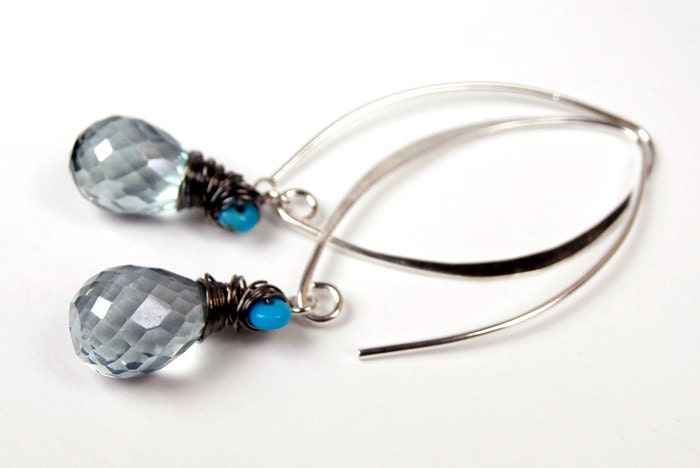 Blue Green Wire Wrapped Dangle Earrings Teal Quartz Oxidized Sterling Silver Turquoise Long Earrings