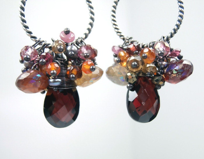 Long Garnet Chandelier Earrings Wire Wrapped Oxidized Sterling Silver Handmade Multicolor Gemstone Fall Fashion - Alicia