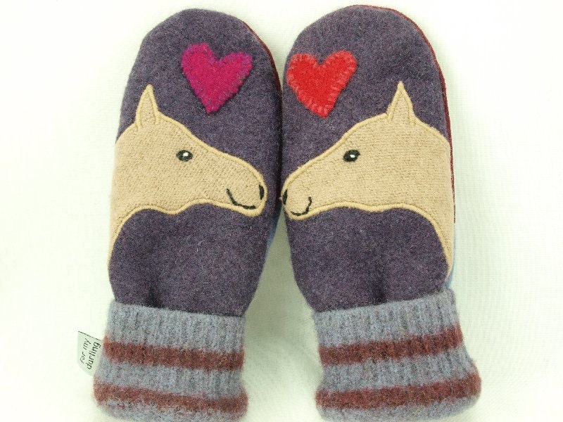 Eco Friendly Mittens Wool Sweater Horse Mittens Felted Wool Purple and Cream Horse Applique Fleece Lining Suede Palm Eco Friendly Size S