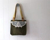 Waxed Canvas Tote Bag for women with Vintage Lace - Hunter Green