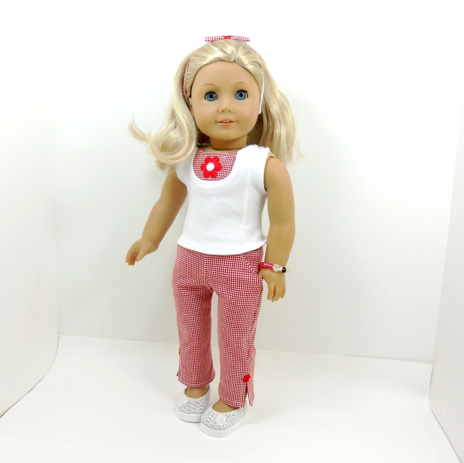 American Girl 18" doll clothes 4 pc set sleeveless top and pants red white checks