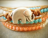 The Good Luck Elephant &  Coral, Turquoise, and Howlite Leather Wrap Bracelet